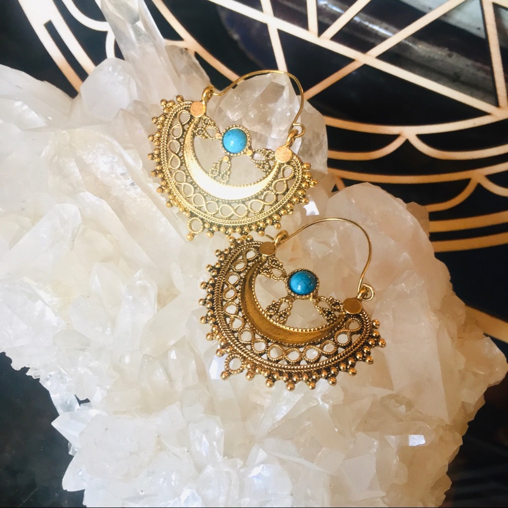 ::⚜️Exotic Bohemia Turquoise+Gold Hoop Earrings - Picture 4 of 6